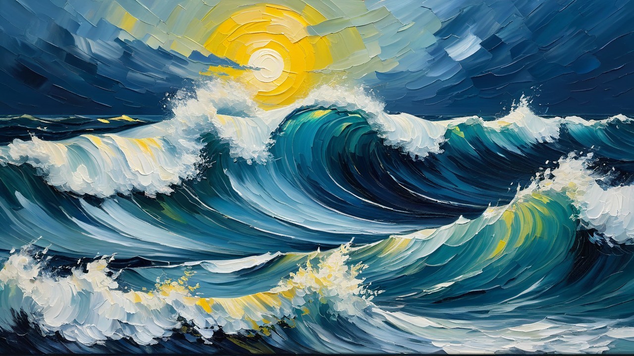 Vibrant Seascape with Dramatic Waves and Sunlight