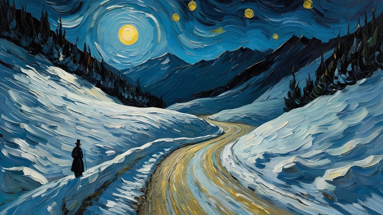 Snow-Covered Road in a Winter Landscape at Night