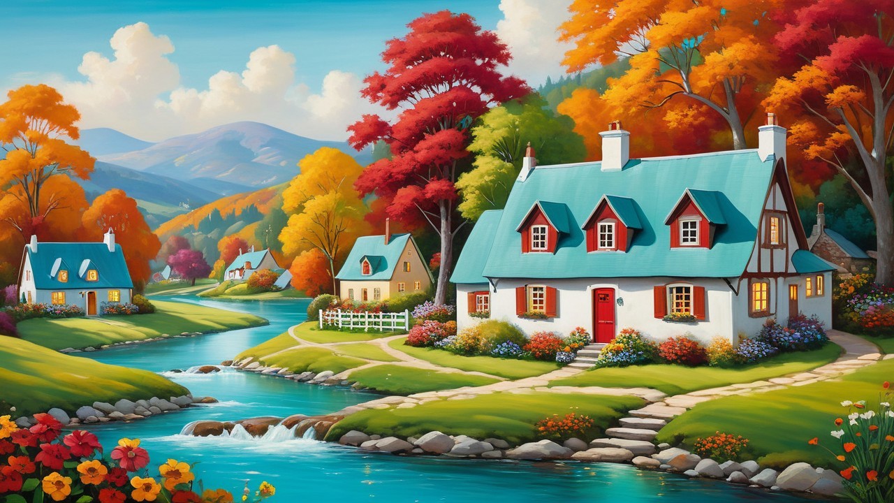 Charming Autumn Landscape with Colorful Trees and Cottages