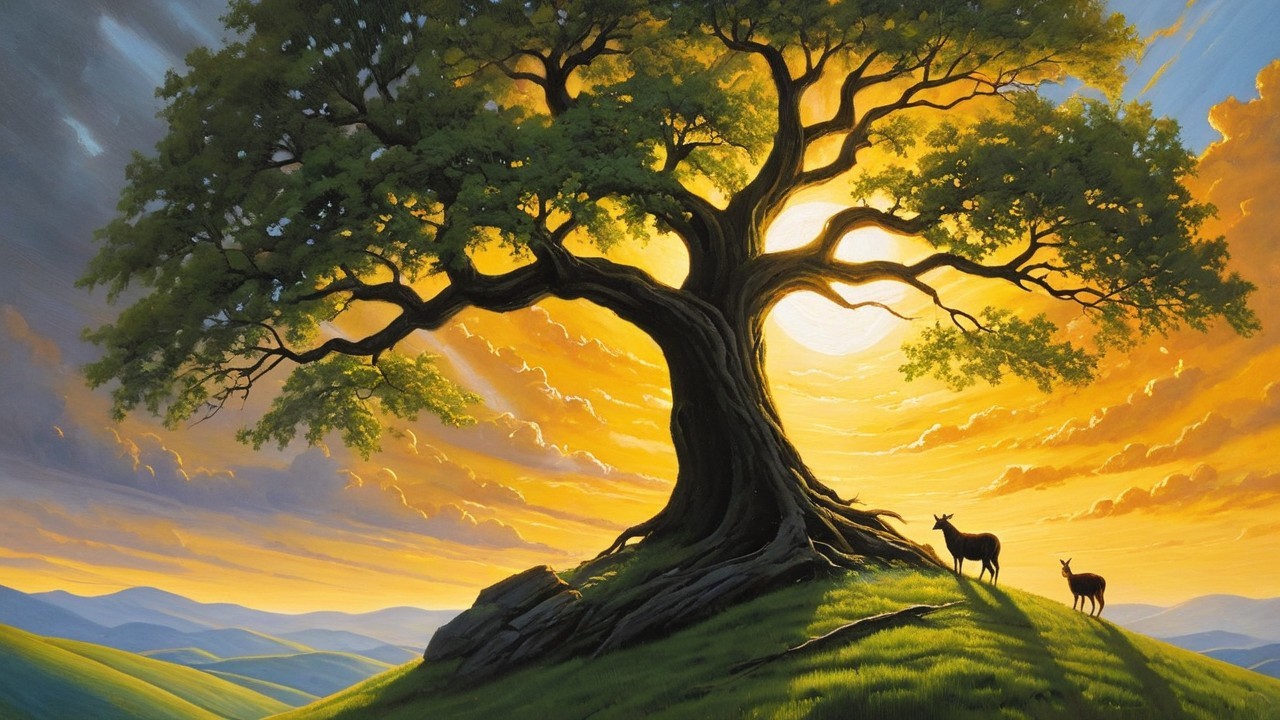 Majestic tree on a hill with grazing deer at sunset