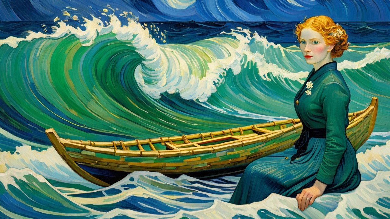 Folk Art Painting of Redheaded Woman by Boat and Waves