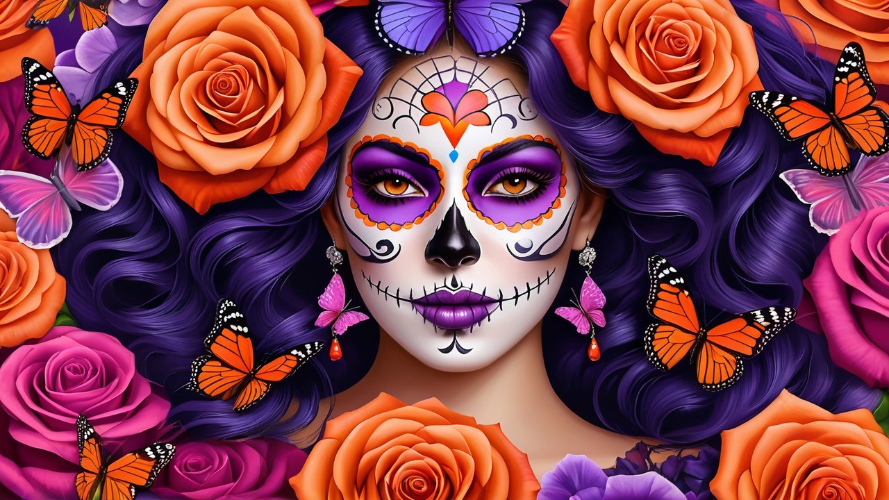 Colorful Sugar Skull Portrait with Floral Accents