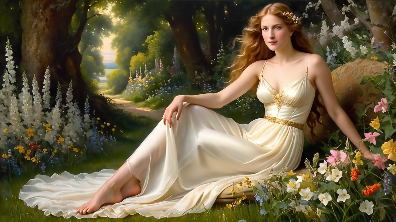 Young Woman in White Gown in Vibrant Forest Setting