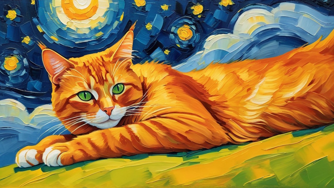 Orange Cat on Green Surface with Starry Night Sky
