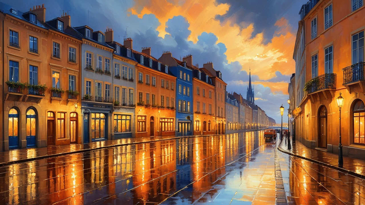 Charming Dusk Street Scene with Illuminated Buildings