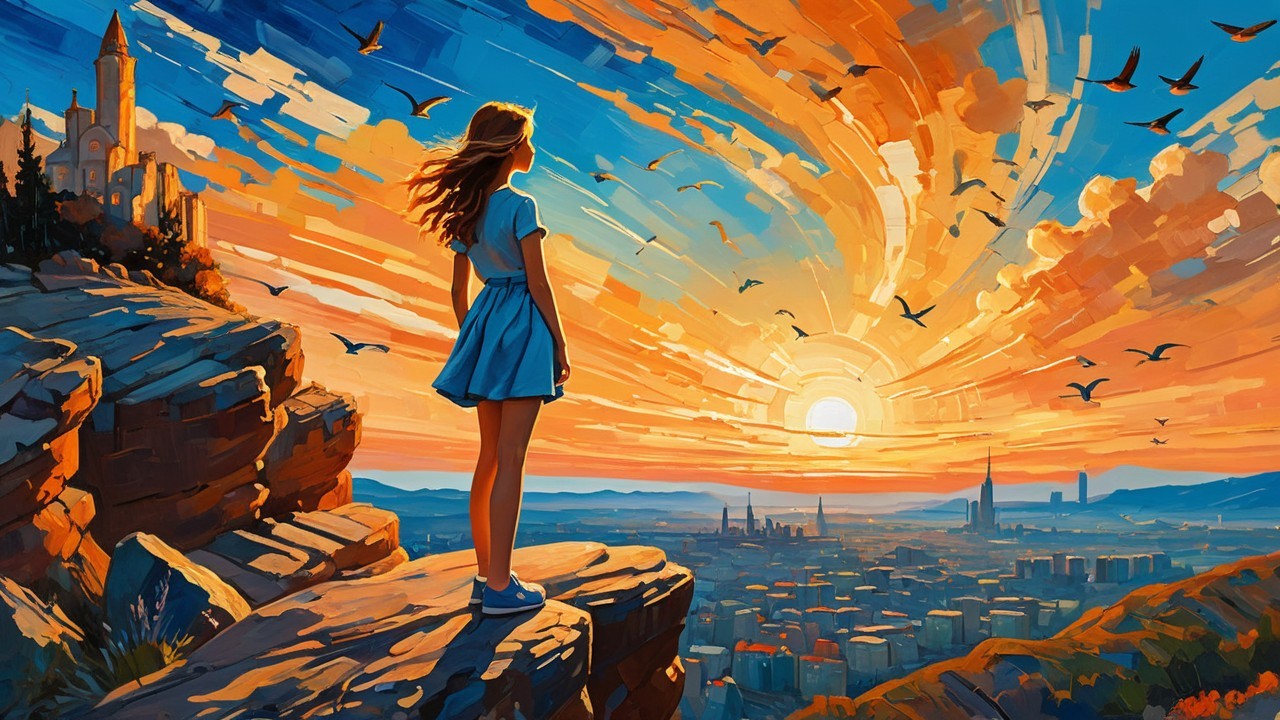 Woman on Rocky Overlook Watching Vibrant Sunset