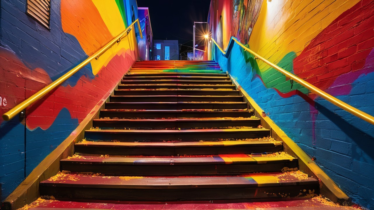 Vibrant Nighttime Staircase with Rainbow Murals
