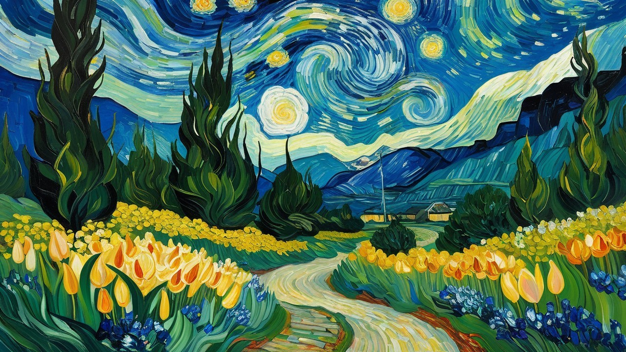Vibrant Night Landscape with Swirling Sky and Tulips