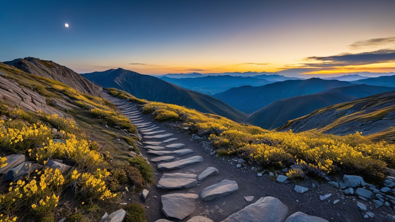 Winding Stone Path Through Lush Greenery and Mountains