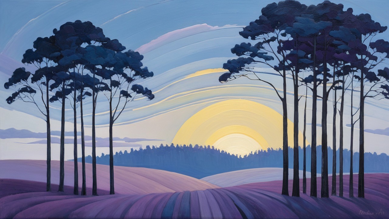 Serene Landscape with Dark Trees and Sunrise Sky