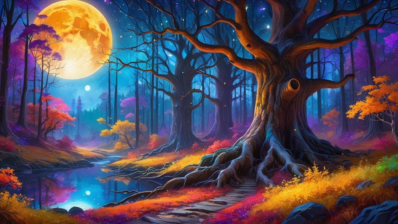 Vibrant Mystical Forest with Ancient Gnarled Tree