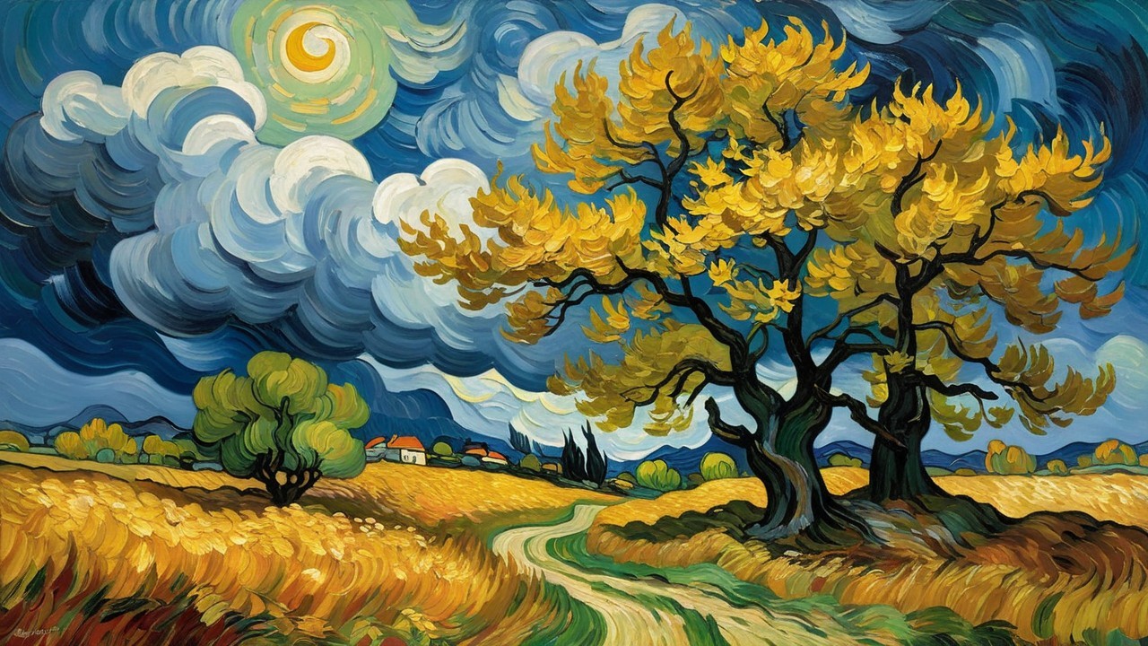 Vibrant Landscape with Winding Path and Golden Fields