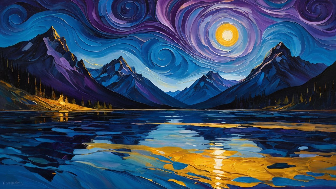 Vibrant Landscape Painting with Purple Skies and Mountains