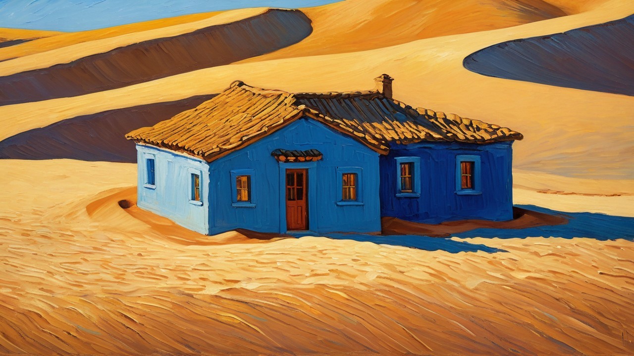 Brightly Colored Oil Painting of a Blue House