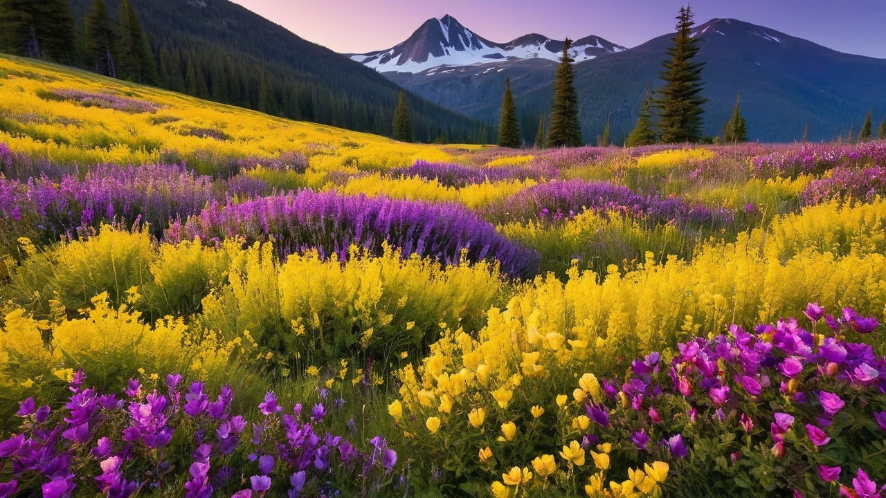 Vibrant Wildflower Field with Snow-Capped Mountains