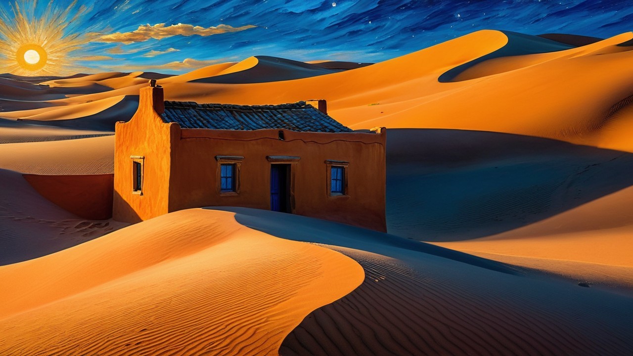 Rustic House in Desert Landscape with Golden Dunes
