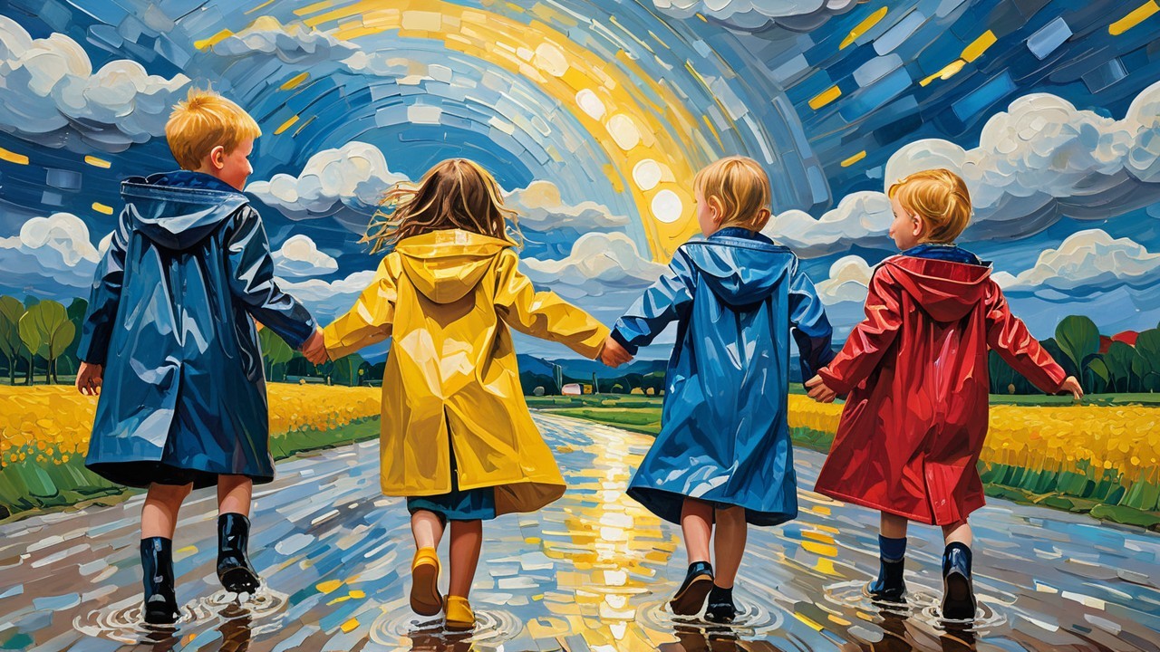 Children in Colorful Raincoats on a Reflective Path