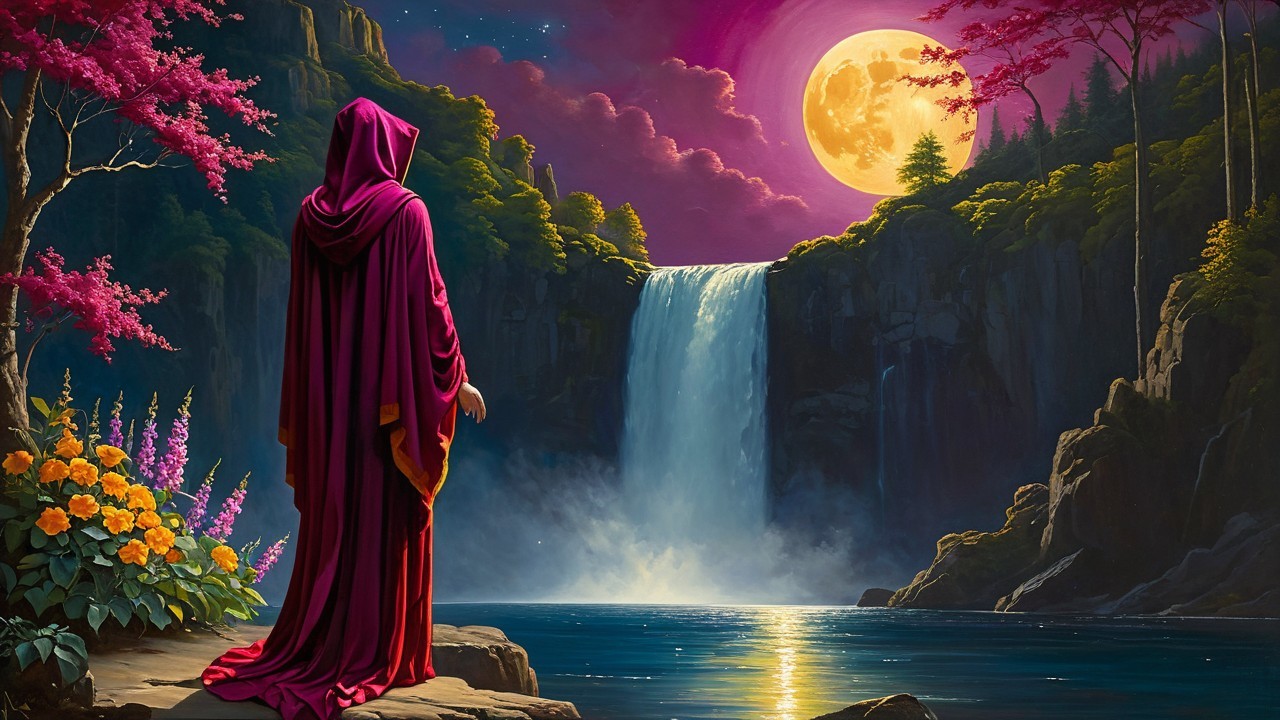 Cloaked Figure by Tranquil Lake and Cascading Waterfall