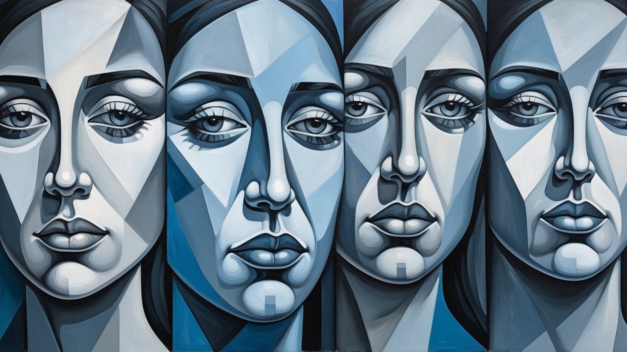 Abstract Female Faces in Blue and Gray Tones