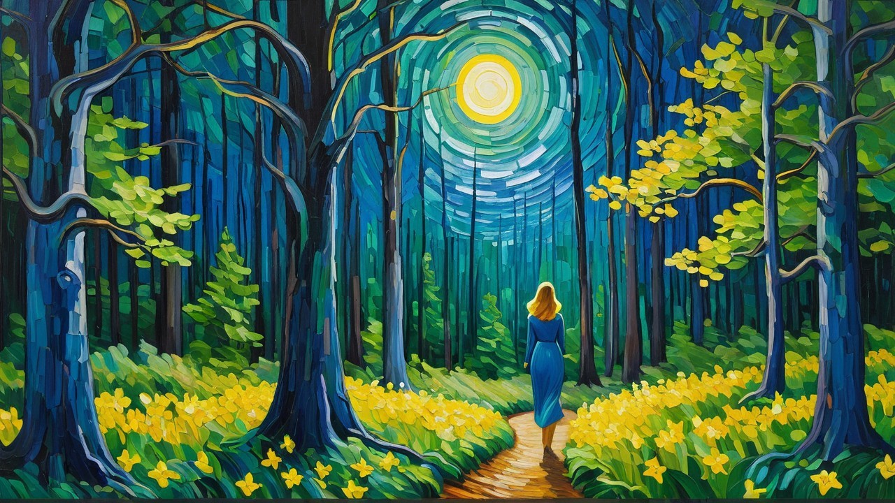 Vibrant painting of a woman in a sunlit forest path