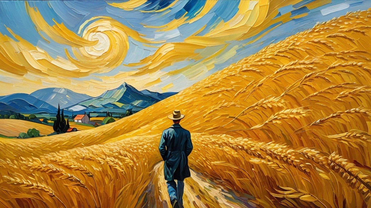 Figure in blue coat walks through golden wheat fields