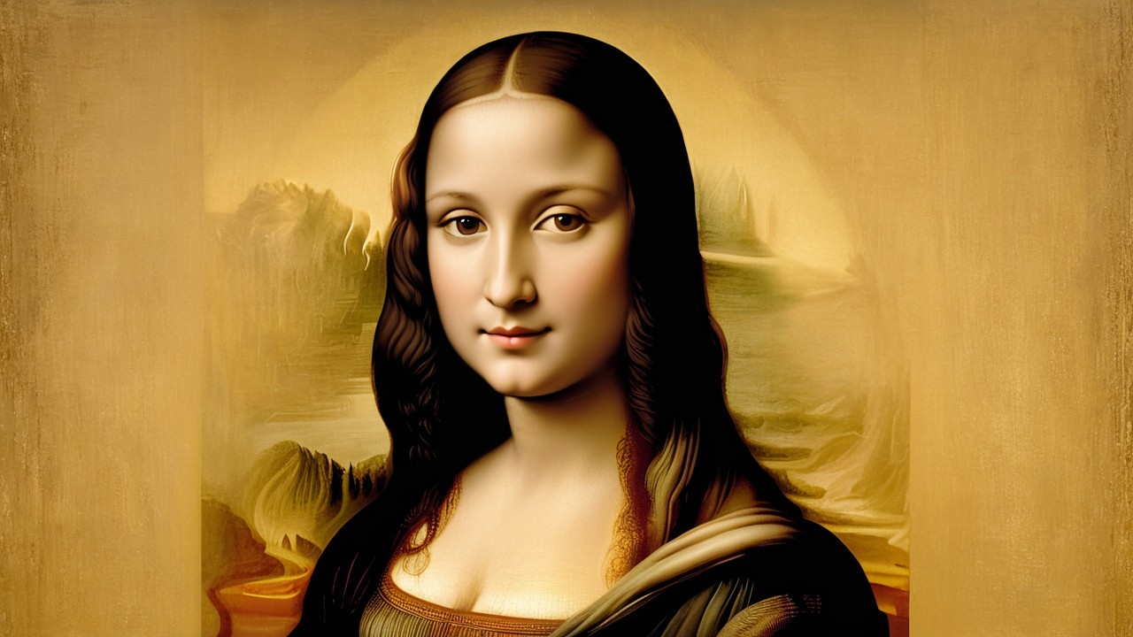 Woman with Enigmatic Smile Against Serene Landscape