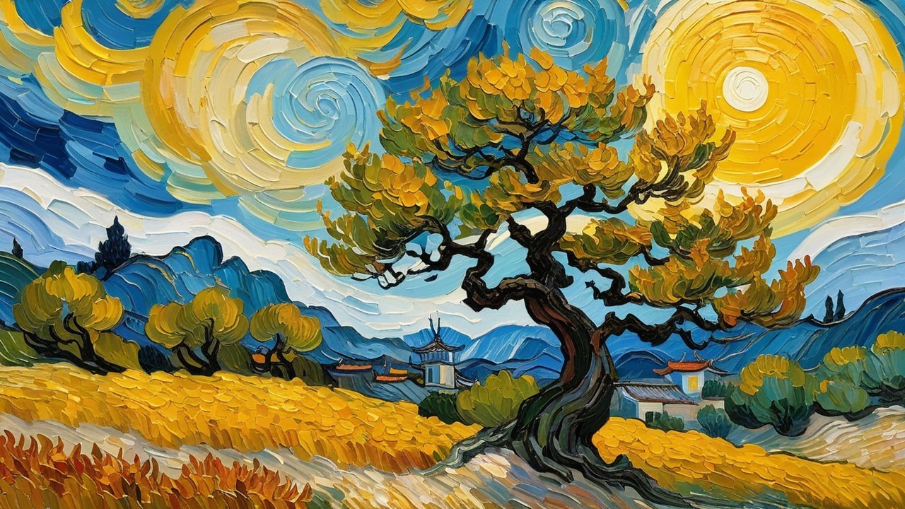 Vibrant Impressionist Landscape with Twisted Tree
