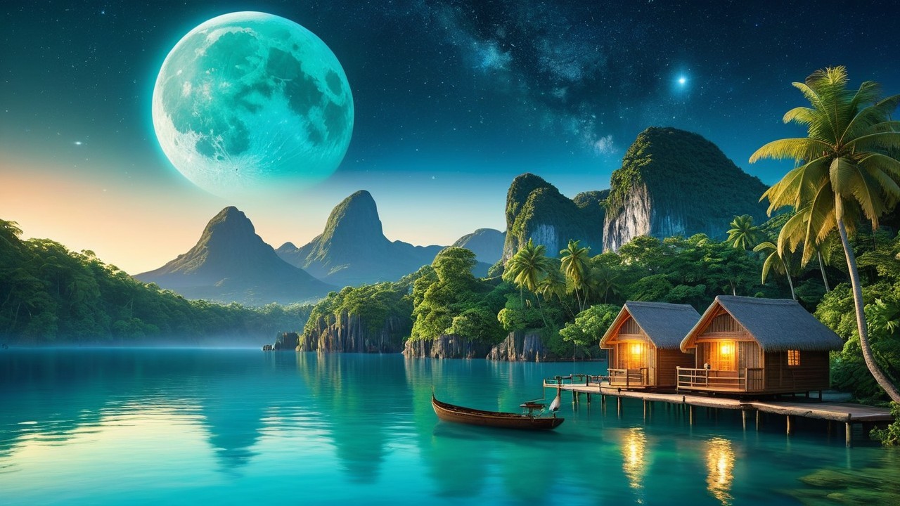 Tranquil Lagoon Scene with Huts and Mountains