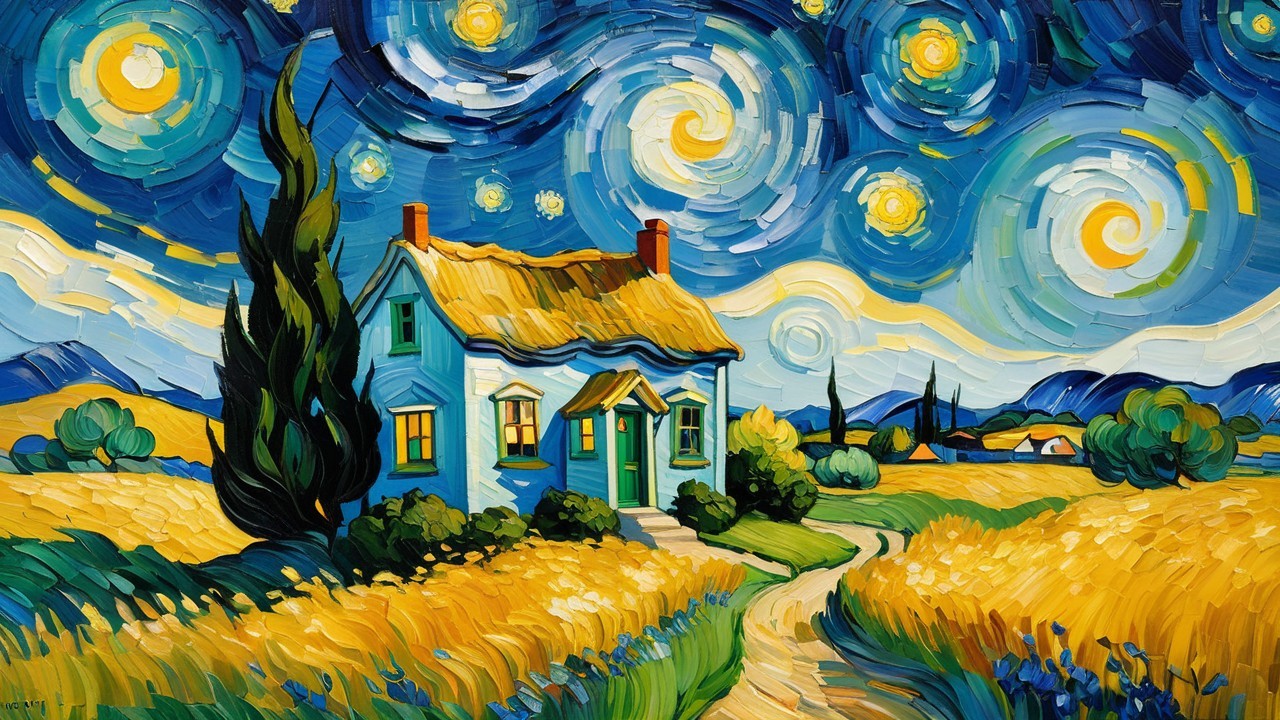 Blue House in Wheat Field Under Starry Night Sky