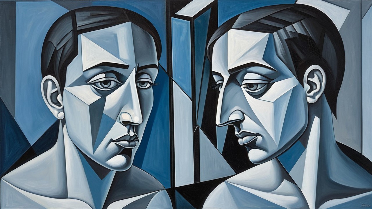 Abstract Figures in Blue and Gray with Geometric Forms