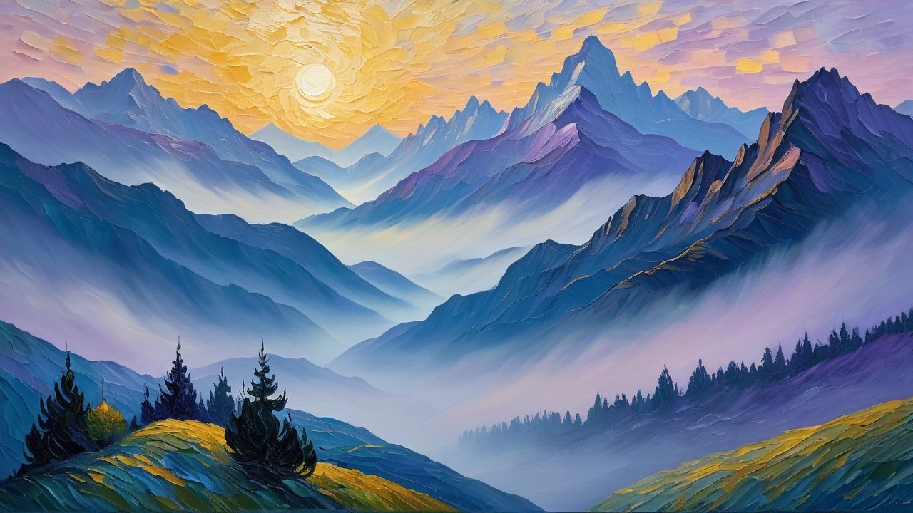 Vibrant Mountain Landscape at Sunrise with Mist