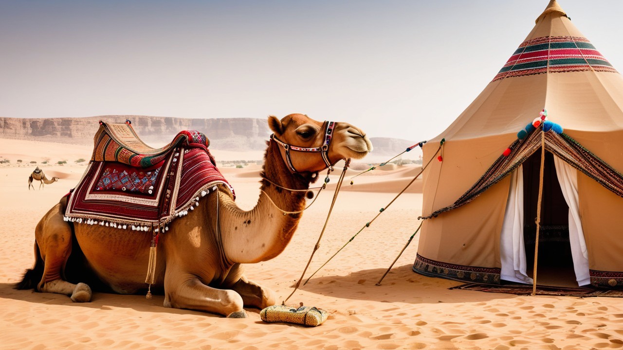 Desert Scene with Camel and Traditional Tent