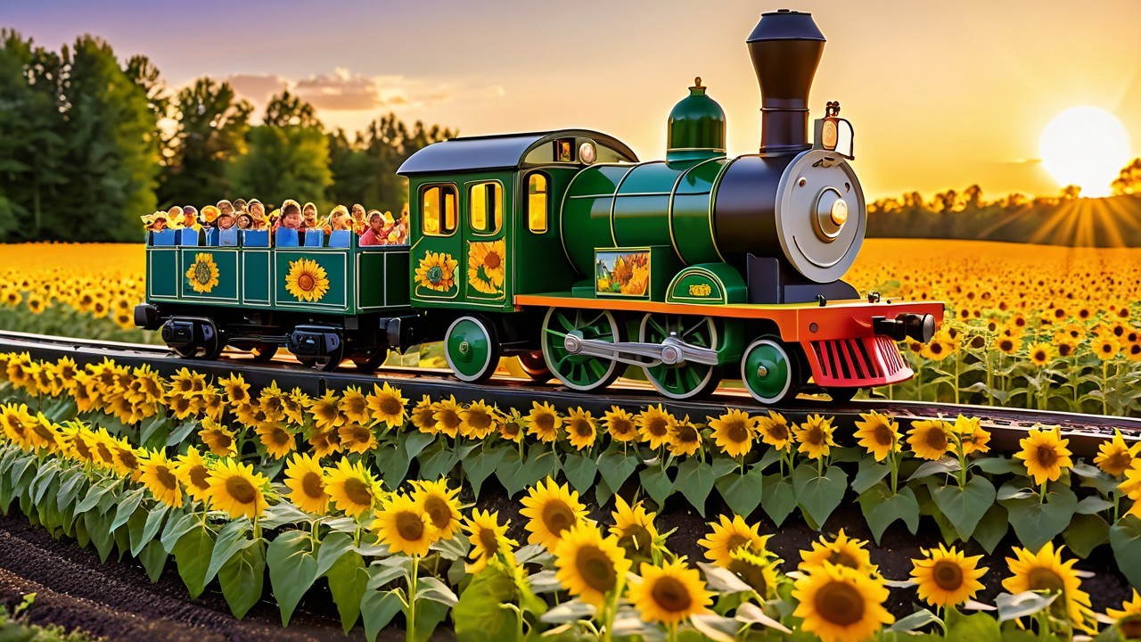 Vibrant Toy Train on Track Surrounded by Sunflowers