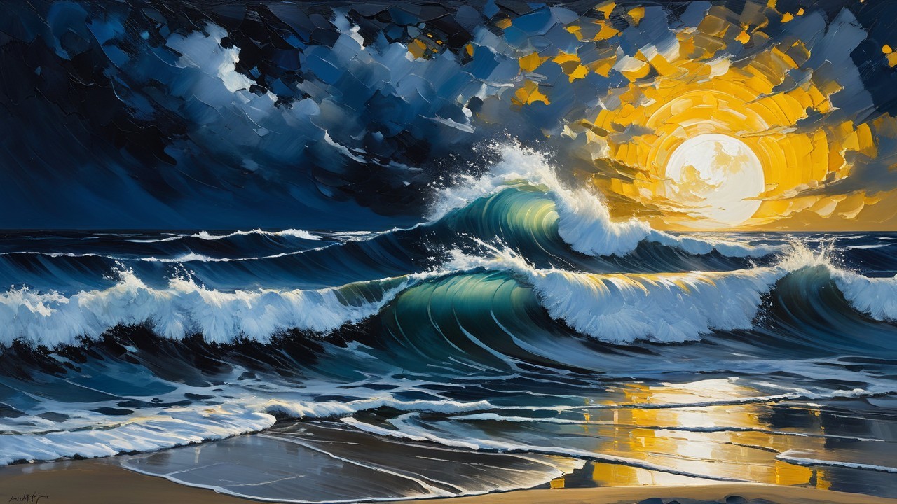 Dramatic Seascape with Sunset and Crashing Waves