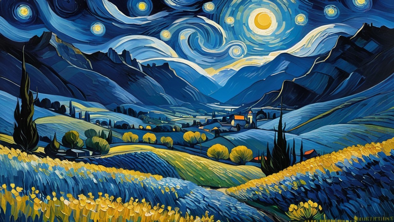 Vibrant Landscape with Hills, Moon, and Village Scene