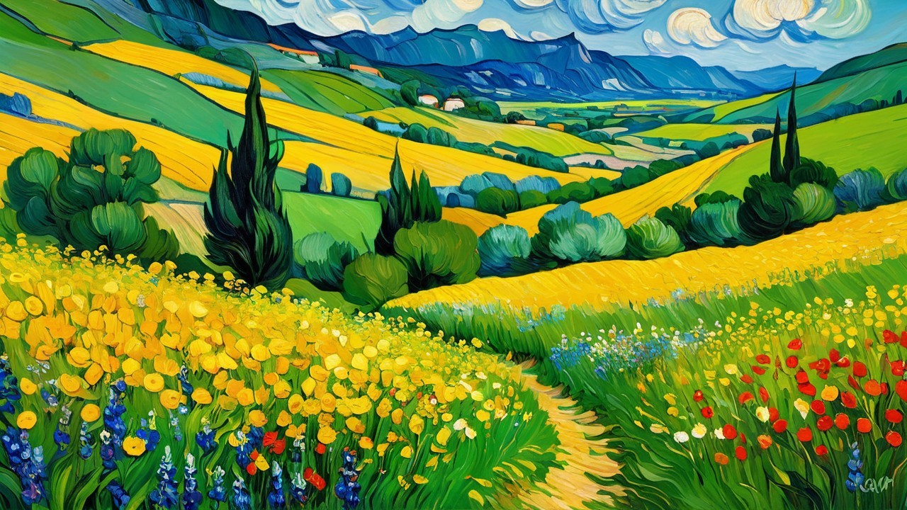 Vibrant Landscape with Rolling Hills and Colorful Flowers