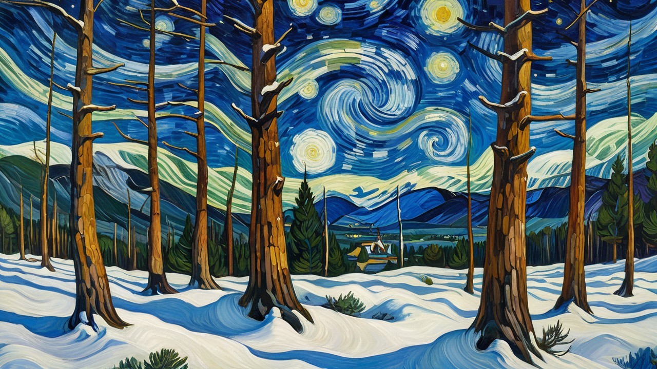Snowy Landscape with Night Sky and Swirling Colors