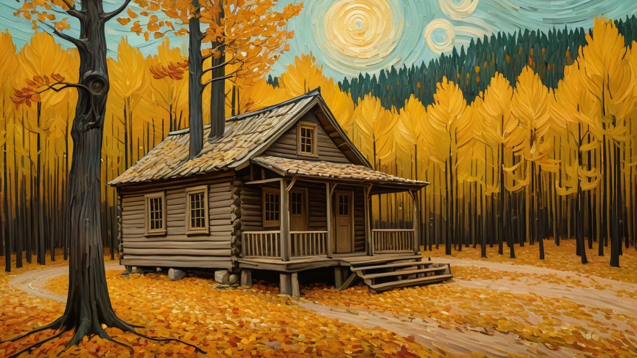 Cozy Log Cabin in Vibrant Autumn Forest Setting