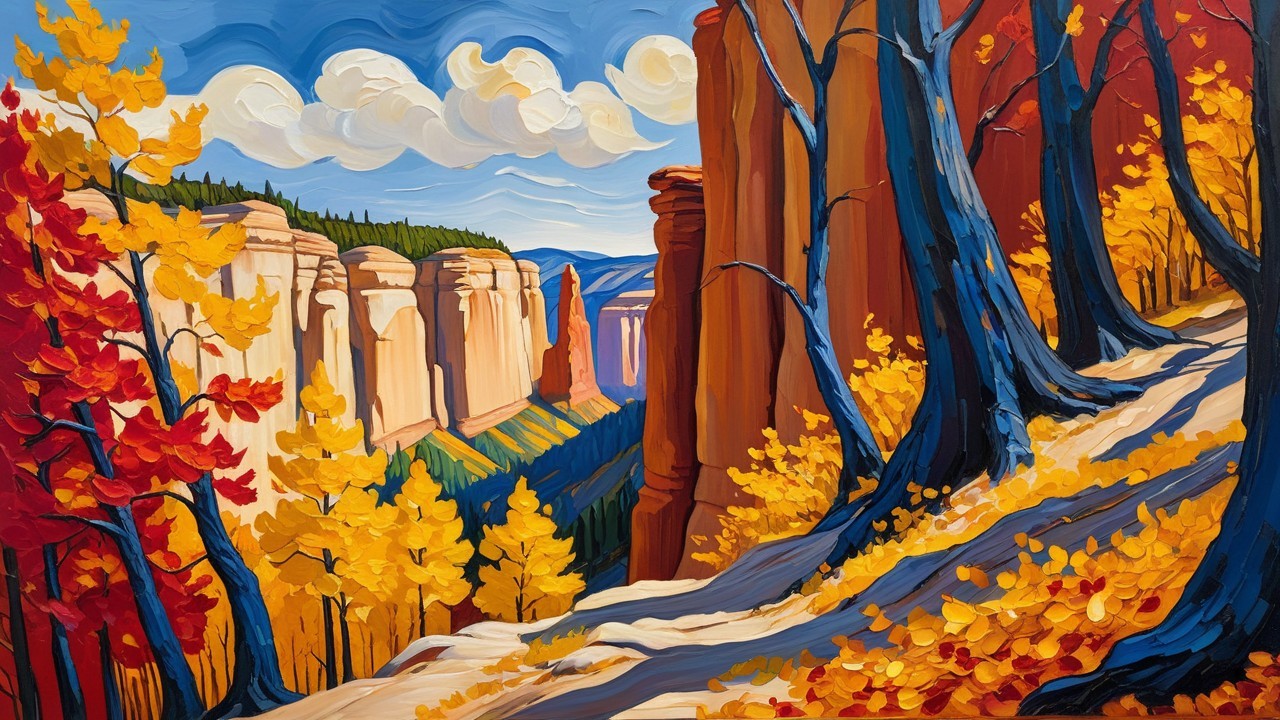 Expressionist Oil Painting of Autumn Canyon Landscape
