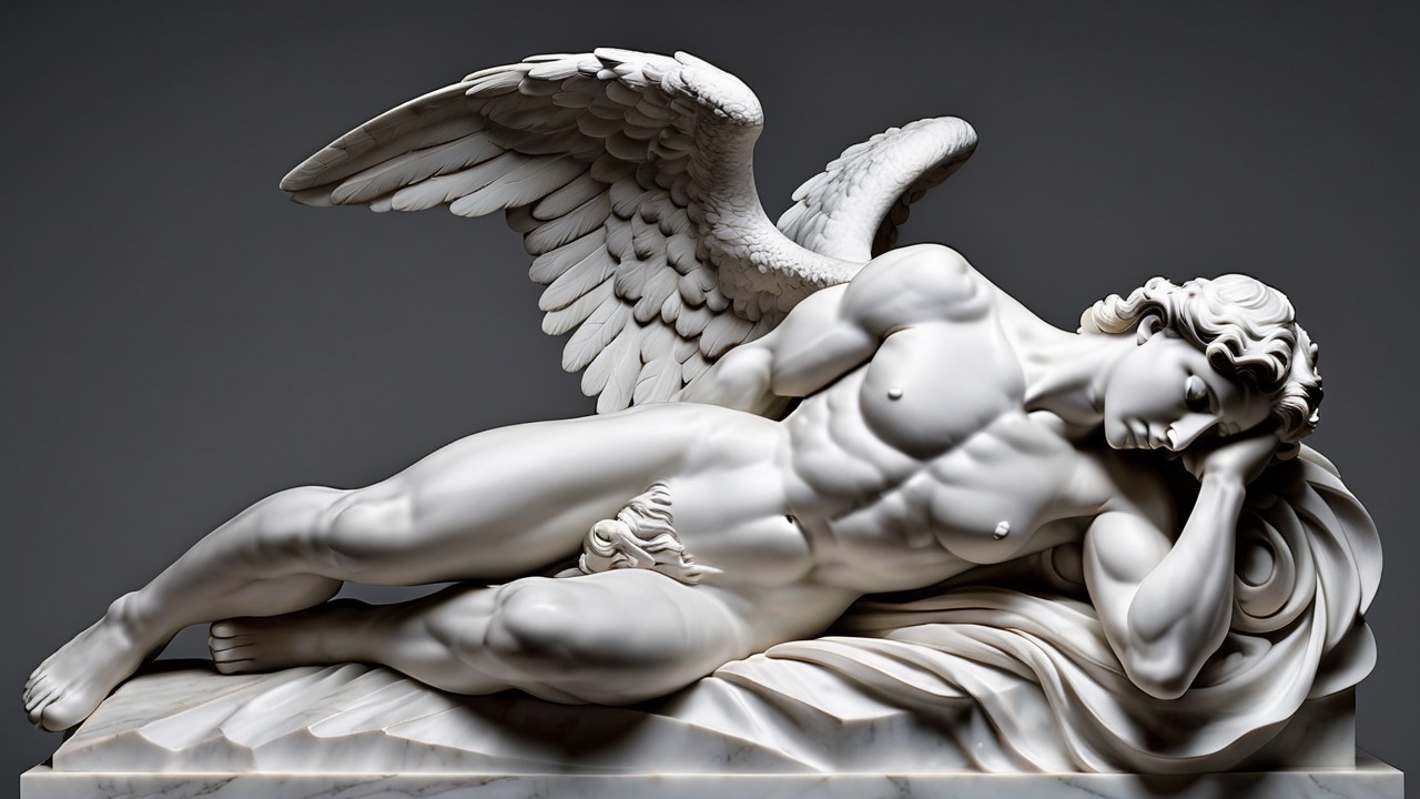 Marble Sculpture of a Muscular Reclining Angel
