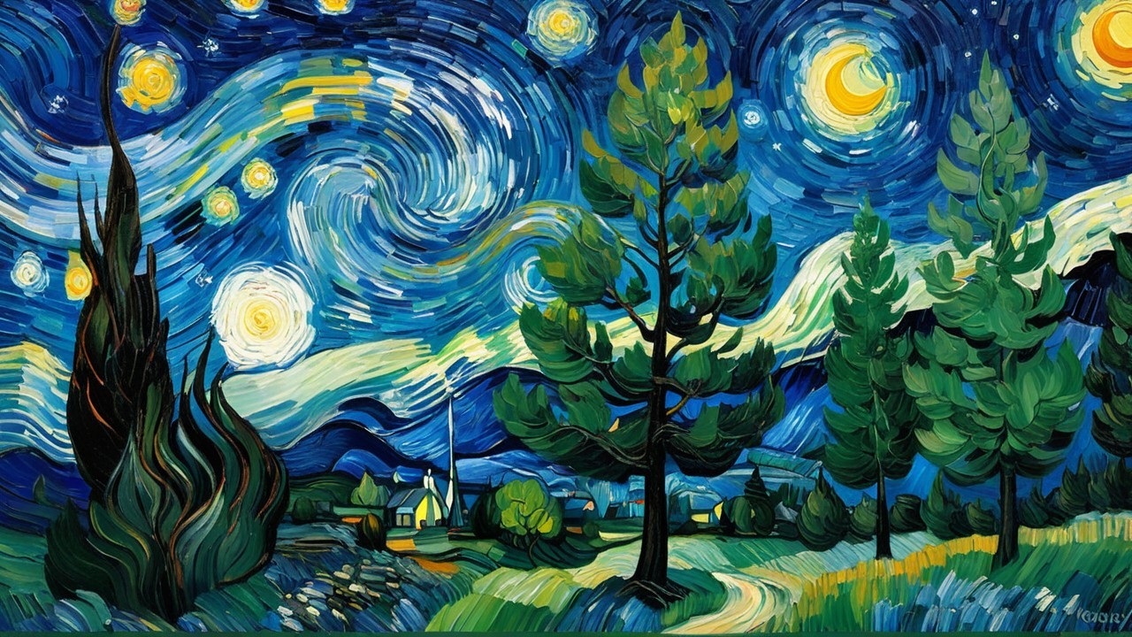 Vibrant Night Sky with Swirling Stars and Moon