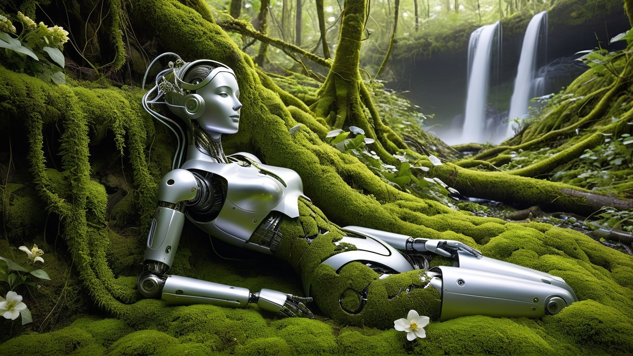 Humanoid Robot in Serene Forest with Waterfall