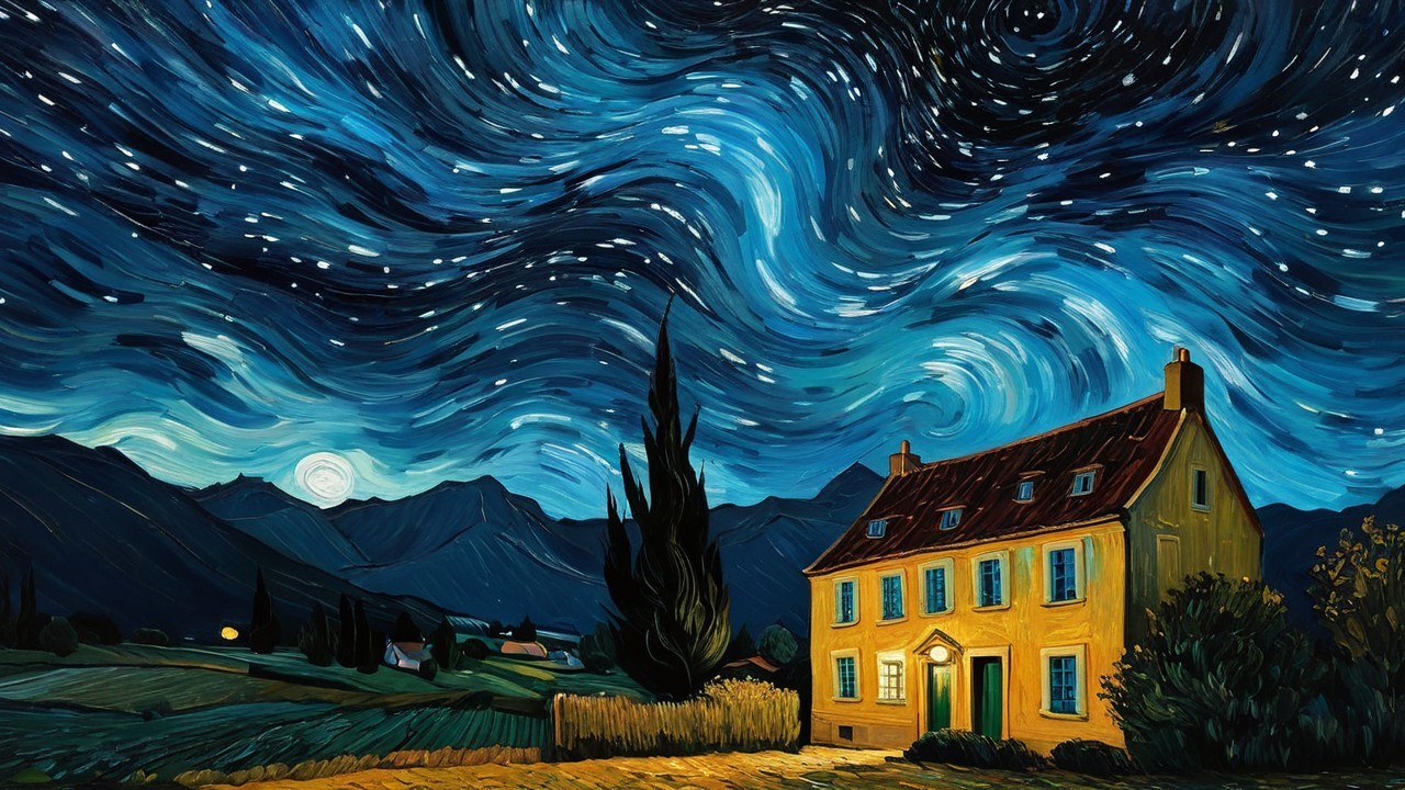 Starry Night Sky Over a Yellow House and Mountains