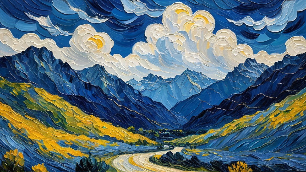 Vibrant Landscape Painting of Mountains and River