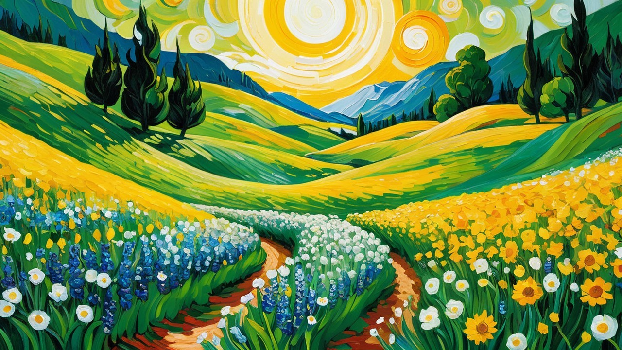 Vibrant Landscape of Rolling Hills and Colorful Flowers