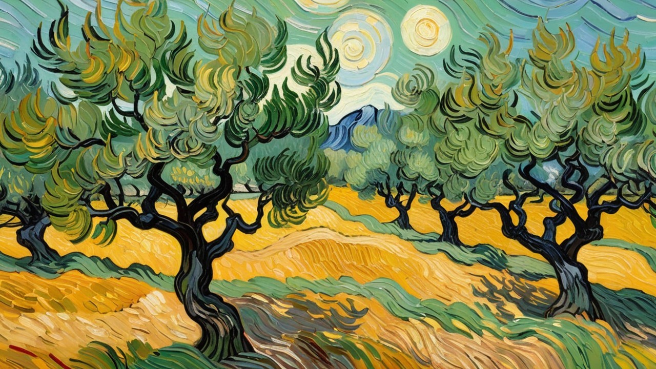 Vibrant Landscape with Olive Trees and Luminous Suns