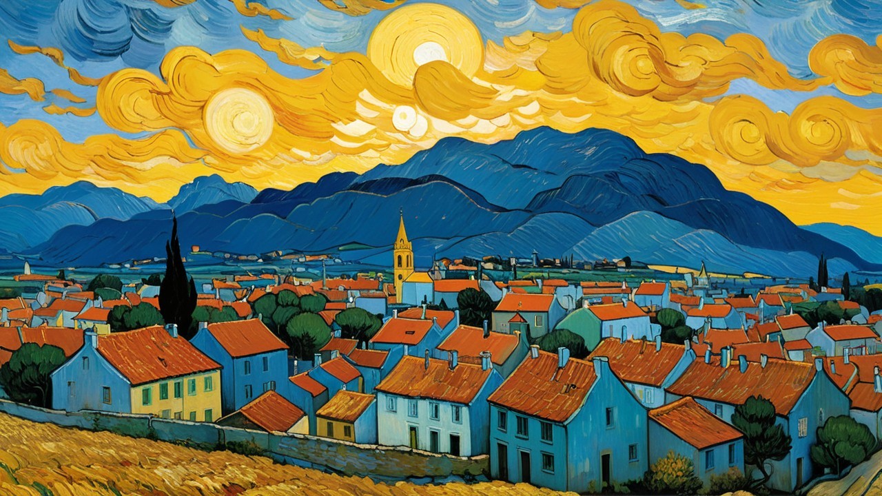 Vibrant Village Landscape with Rolling Hills and Sky