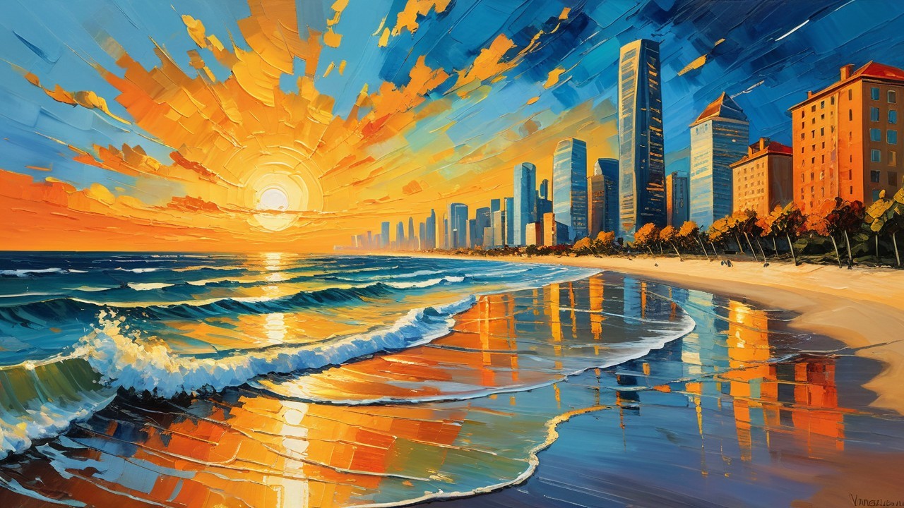 Vibrant Sunset Over Ocean with Skyscrapers and Beach