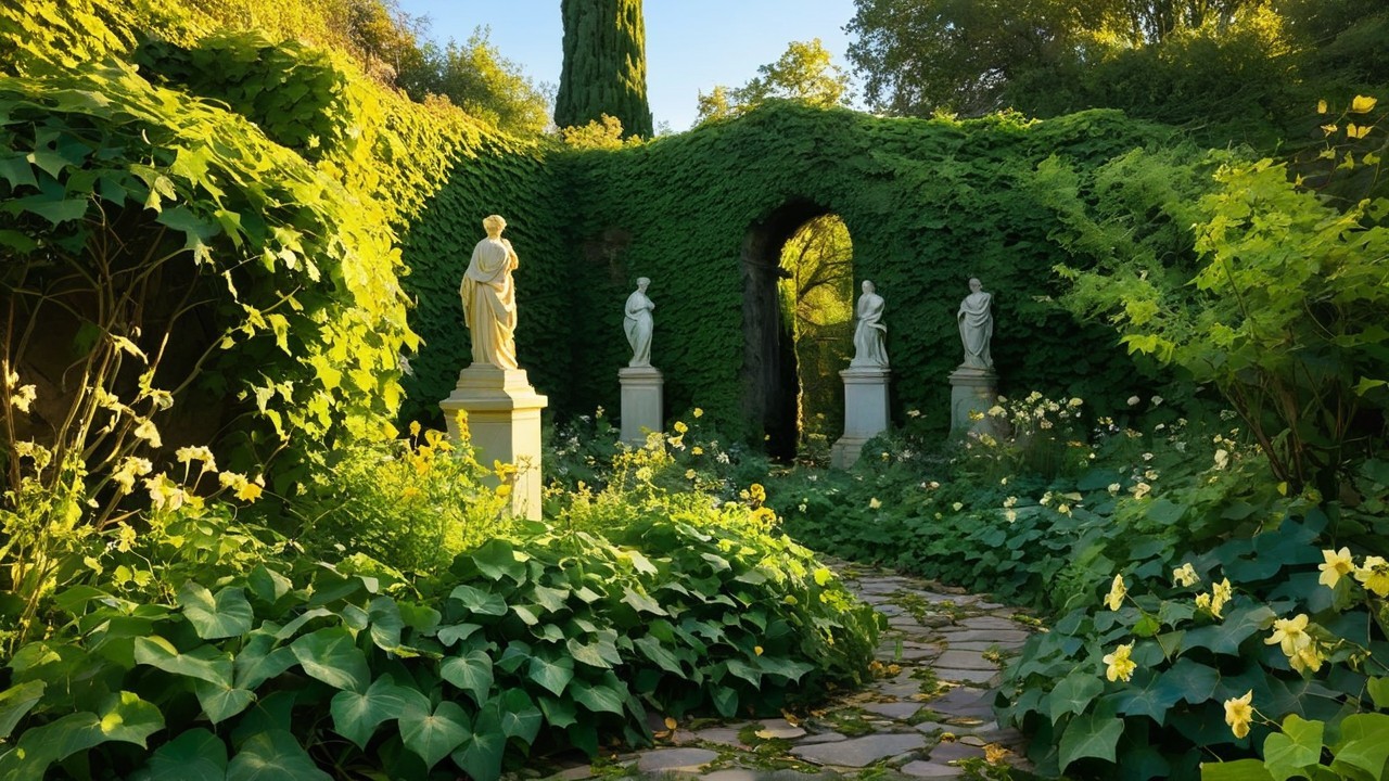 Tranquil Garden Path Surrounded by Lush Greenery