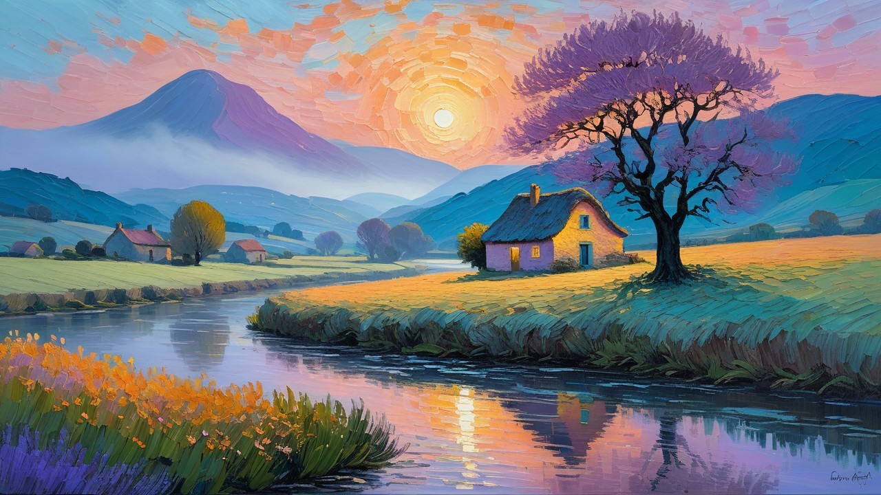 Serene Sunrise Landscape with Cottage and River